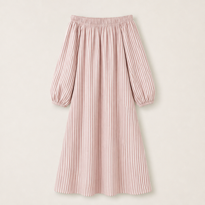Beige Stripe Off Shoulder Maxi Dress | Lantern Sleeve Boho Dress - Relaxed Fit with Side Pockets Pink Stripe