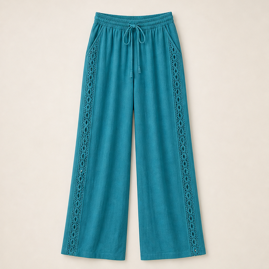 Teal Lace Trim Trousers | Bohemian Wide Leg Linen Style - Elastic Waist Holiday Pants Teal