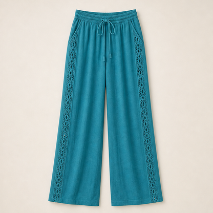Teal Lace Trim Trousers | Bohemian Wide Leg Linen Style - Elastic Waist Holiday Pants Teal