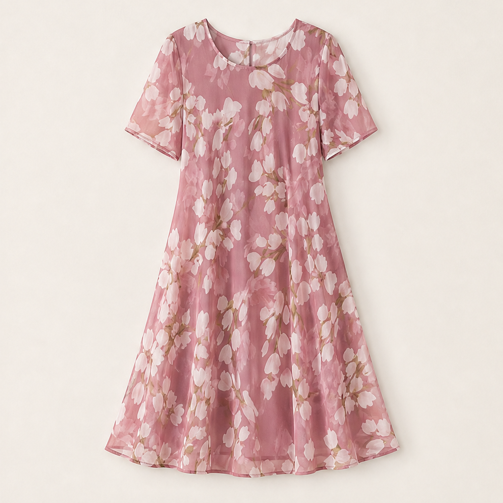 Navy Floral Chiffon A-Line Dress | Double-Layer Midi with Flutter Sleeves - Women's Occasion Wear Rose Floral