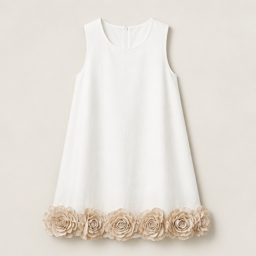 Black 3D Flower Mini Dress | Sleeveless Loose A-Line - Floral Appliqué Hem White