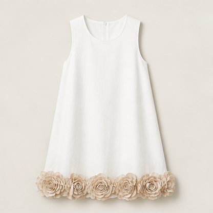 Black 3D Flower Mini Dress | Sleeveless Loose A-Line - Floral Appliqué Hem White