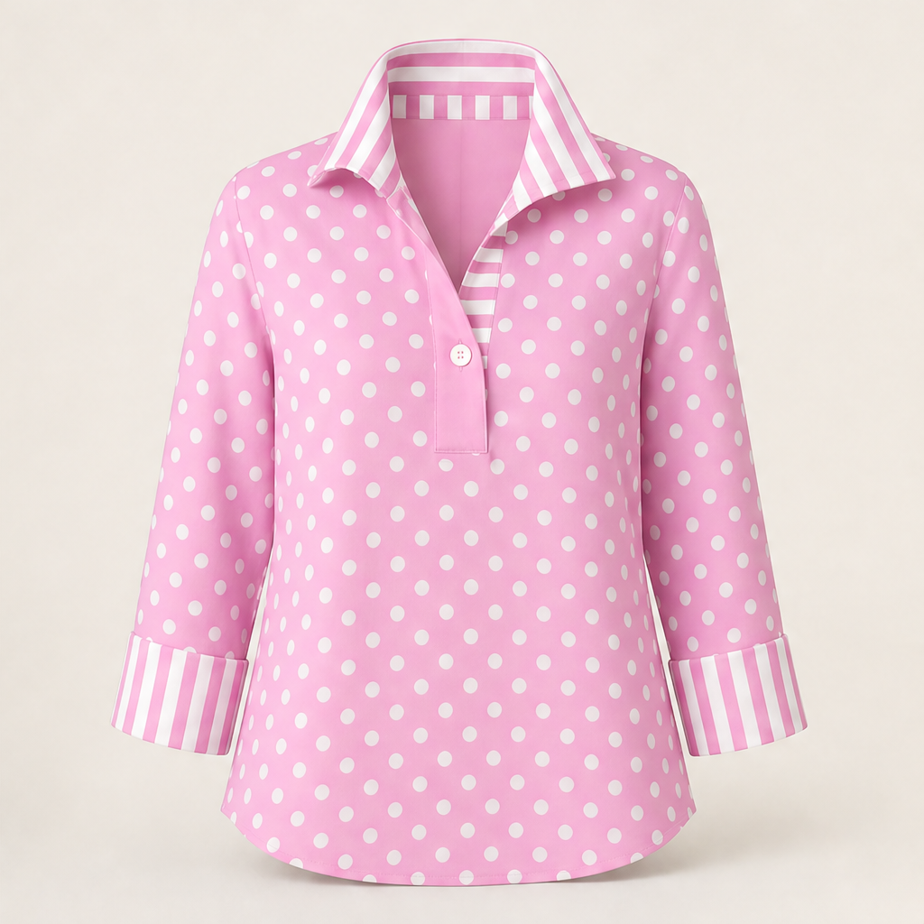 Pink Polka Dot Blouse | Contrast Stripe Popover Top for Women - 3/4 Sleeve Cotton Shirt Pink