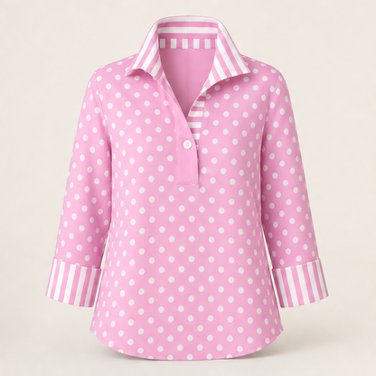 Pink Polka Dot Blouse | Contrast Stripe Popover Top for Women - 3/4 Sleeve Cotton Shirt Pink