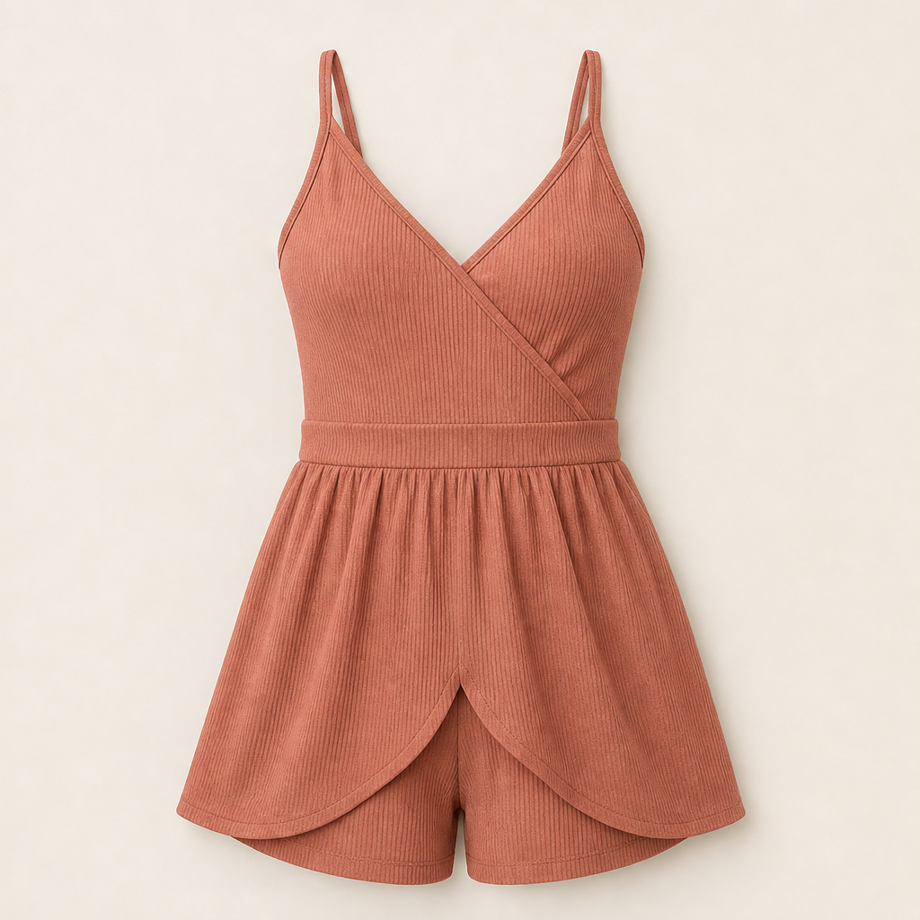 Blue Ribbed V-Neck Romper | Fitted Playsuit with Built-In Skirt - Wrap Front Summer Romper for Women Terracotta