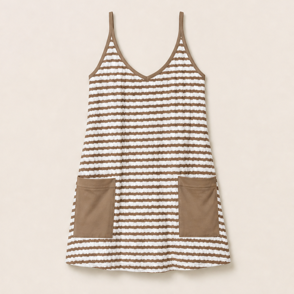 Brown Stripe Mini Romper Dress | Built-In Shorts Sundress - Textured Cami Style with Pockets Brown Stripe