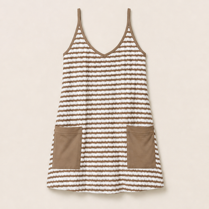 Brown Stripe Mini Romper Dress | Built-In Shorts Sundress - Textured Cami Style with Pockets Brown Stripe