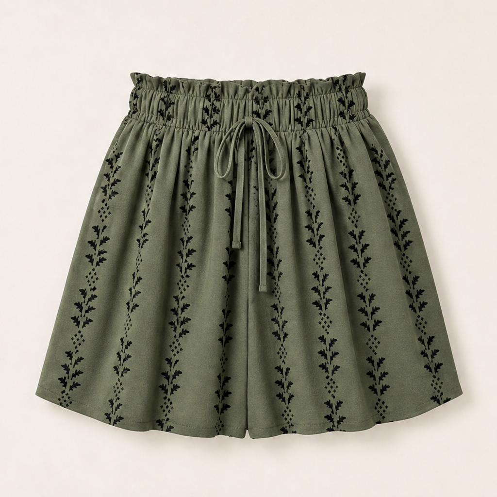 Marisol Women's Bohemian High Waist Print Shorts - Paperbag Waist Wide Leg Flowy Boho Shorts Olive