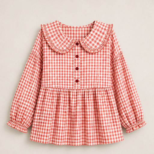 Red Gingham Top | Ruffled Peter Pan Collar Blouse - Puff Sleeve Casual Shirt for Women Red Gingham