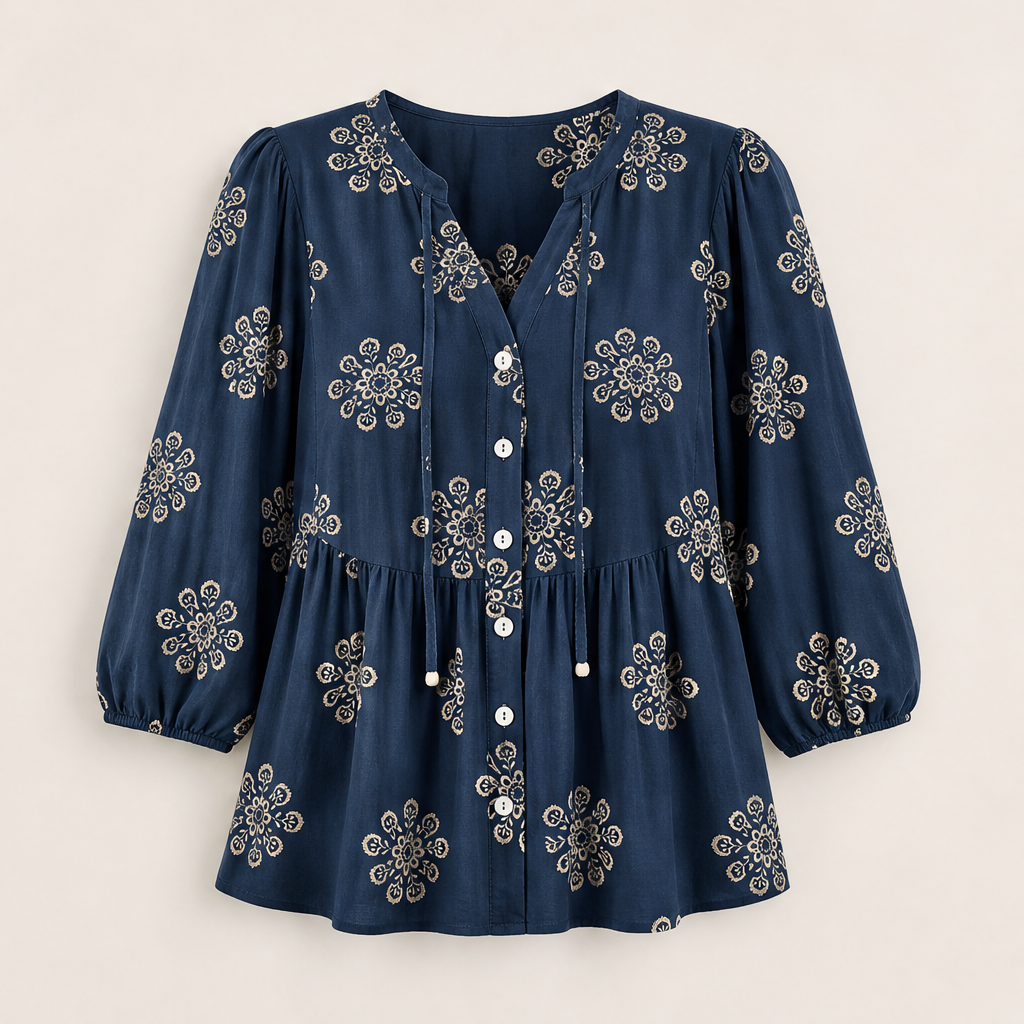Khaki Green Floral Peplum Blouse | Boho V-Neck Button-Down Top - Puff Sleeve Tie Neck Navy