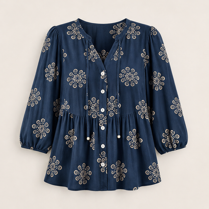Khaki Green Floral Peplum Blouse | Boho V-Neck Button-Down Top - Puff Sleeve Tie Neck Navy