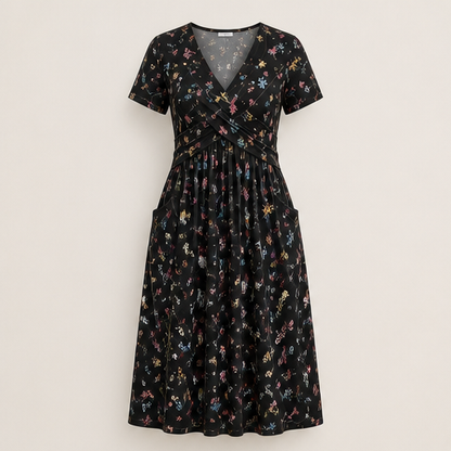 Floral Print Midi Dress | V-Neck Wrap Front with Pockets - Flattering Waist Tie Sundress Black Floral