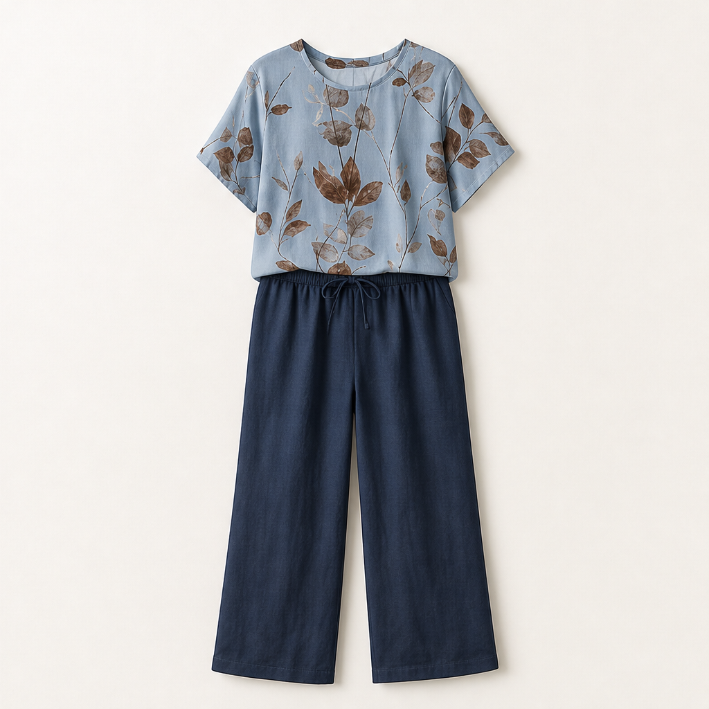 Elowen Women's Botanical Print T-Shirt Set - Breathable Polyester Top & Tulip Hem Trouser Loungewear Set Blue Floral/Navy