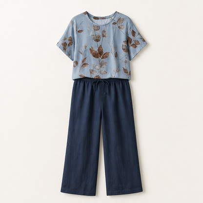 Elowen Women's Botanical Print T-Shirt Set - Breathable Polyester Top & Tulip Hem Trouser Loungewear Set Blue Floral/Navy