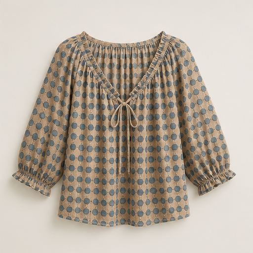 Beige Print Polka Dot Blouse | Lace-Up V-Neck Top - 3/4 Sleeve Boho Style Beige Print