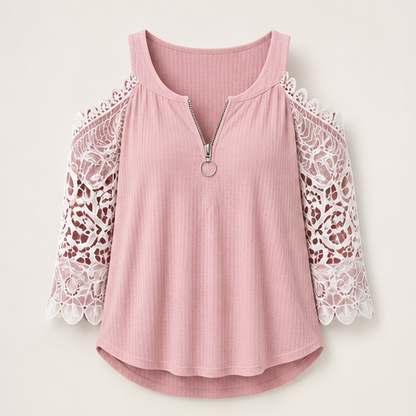 Burgundy Cold Shoulder Lace Top | Zip Front Blouse for Women - Ribbed Knit with Floral Lace Sleeves Pink