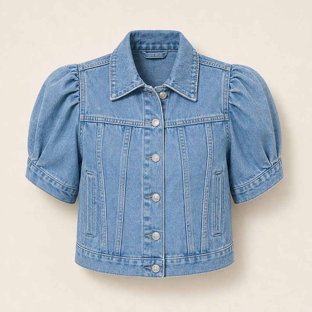 Light Blue Denim Crop Jacket | Vintage Bubble Sleeve Slim Fit - Cropped Jean Jacket for Women Light Blue