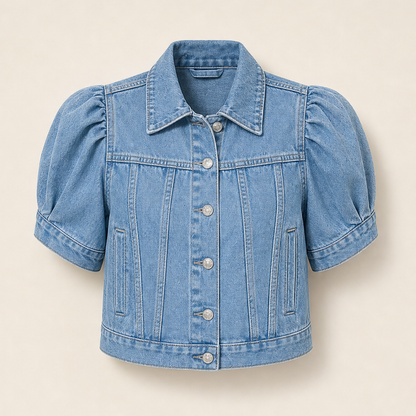Light Blue Denim Crop Jacket | Vintage Bubble Sleeve Slim Fit - Cropped Jean Jacket for Women Light Blue