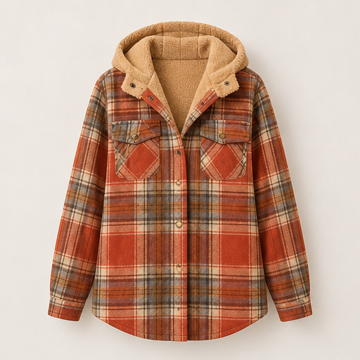 Rust Plaid Flannel Shacket | Hooded Sherpa-Lined Jacket for Women - Thick Checked Coat Rust Plaid