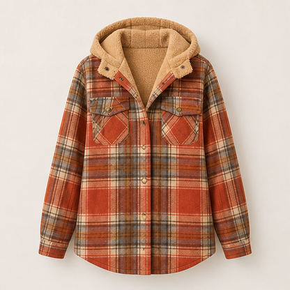 Rust Plaid Flannel Shacket | Hooded Sherpa-Lined Jacket for Women - Thick Checked Coat Rust Plaid