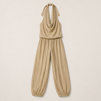 Beige Halter Neck Jumpsuit | Wide Leg Draped Style - Linen Blend Summer Playsuit Beige