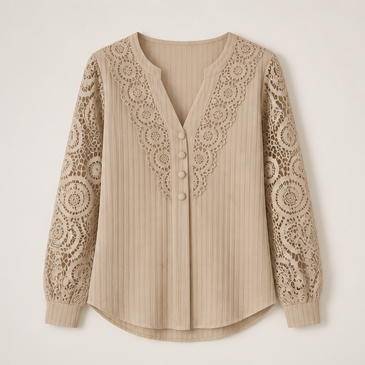 Ivory Lace Patchwork Top | Crochet V-Neck Long Sleeve Blouse - Pearl Button Detail Beige