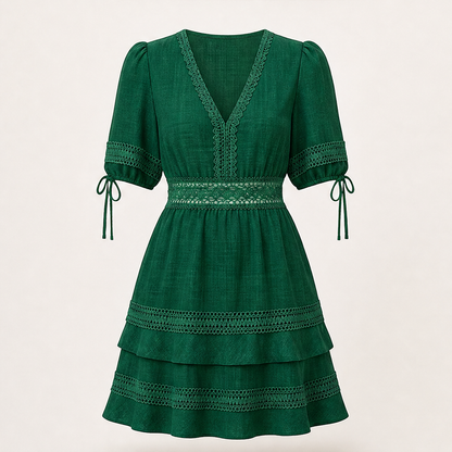 Marisol Women's V-Neck Lace Trim Puff Sleeve Tiered Ruffle Linen-Look Dress Green