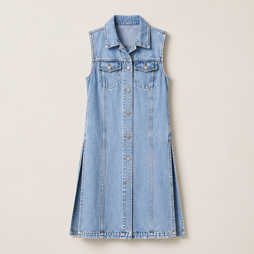 Light Wash Denim Vest Dress | Sleeveless Longline Jean Jacket - High Slit Midi Light Wash Denim