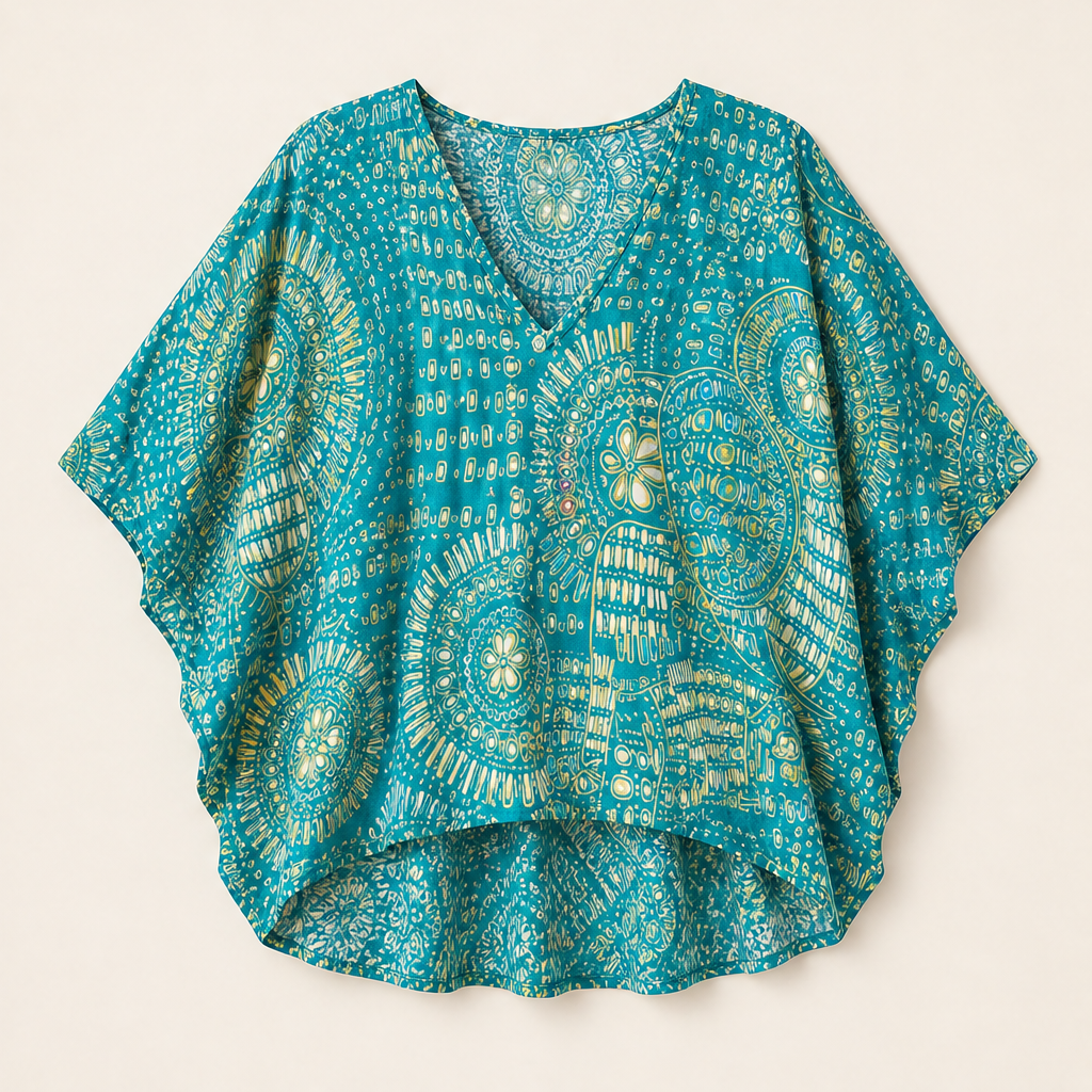 Fuchsia Floral Print Dolman Top | V-Neck Boho Blouse for Women - Batwing Sleeve Teal