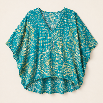 Fuchsia Floral Print Dolman Top | V-Neck Boho Blouse for Women - Batwing Sleeve Teal