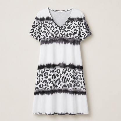 Blue Tie-Dye Leopard Print V-Neck Dress | Casual Shift Dress for Women - Short Sleeve Midi White