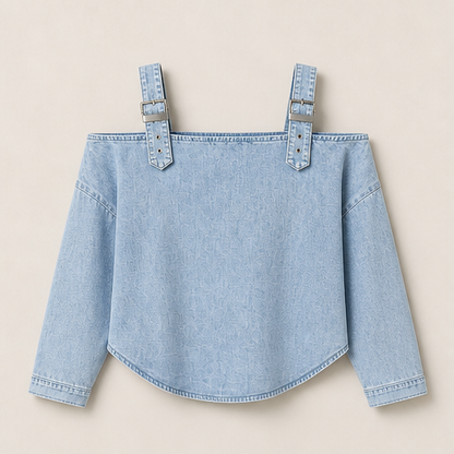 Light Blue Denim Off-Shoulder Top | Women's Buckle Strap Blouse - Long Sleeve Cropped Style Light Blue Denim