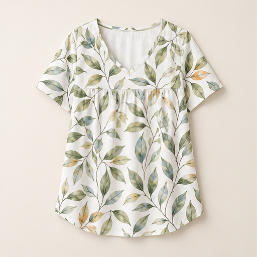 White Printed V-Neck T-Shirt | Pleated Short Sleeve Top for Women - Loose Fit Tunic Blouse White Green Leaf Print