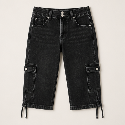 Dark Blue Capri Cargo Jeans | Women's Cropped Denim Trousers - Adjustable Hem, Straight Leg Black