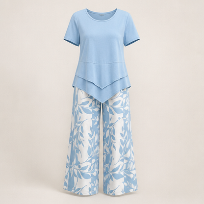 Blue Layered Tunic Top and Wide Leg Trouser Set | Round Neck Two-Piece Outfit for Women Blue