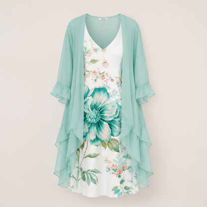 Coral Floral Swing Dress | Two-Piece Maxi Dress with Chiffon Cover-Up - Lace Detail Mint