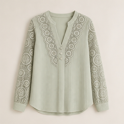 Cream Lace V-Neck Top | Crochet Sleeve Blouse for Women - Long Sleeve Pintuck Top Sage