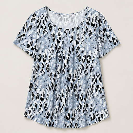 Sage Green Printed Top | Casual Leopard Print Short Sleeve Blouse - Round Neck Pleated Tunic Blue