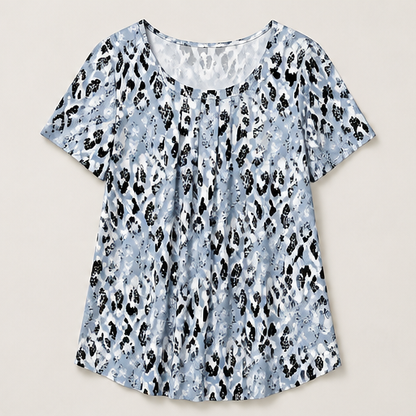 Sage Green Printed Top | Casual Leopard Print Short Sleeve Blouse - Round Neck Pleated Tunic Blue