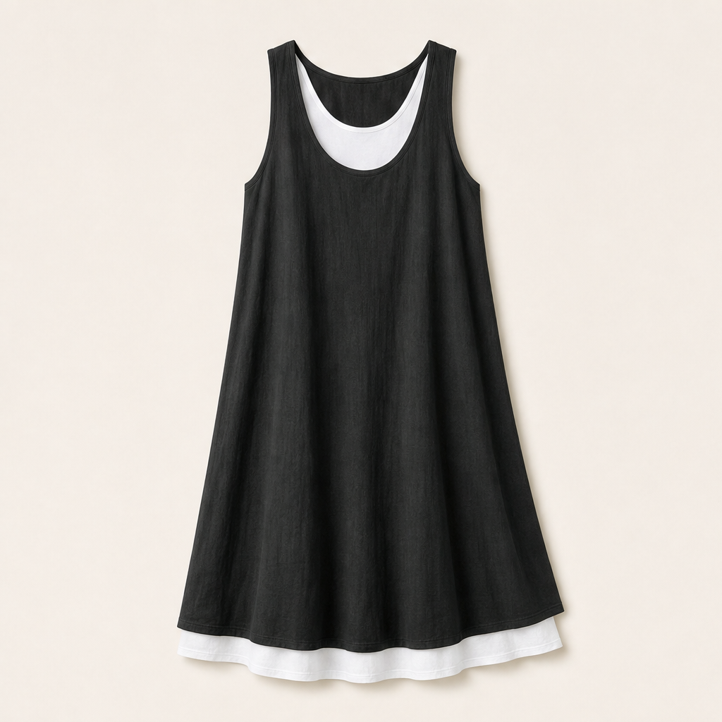 Chambray Blue Layered Tank Dress | Fake Two Piece Sleeveless Summer Dress - Loose Fit Cotton Linen Black