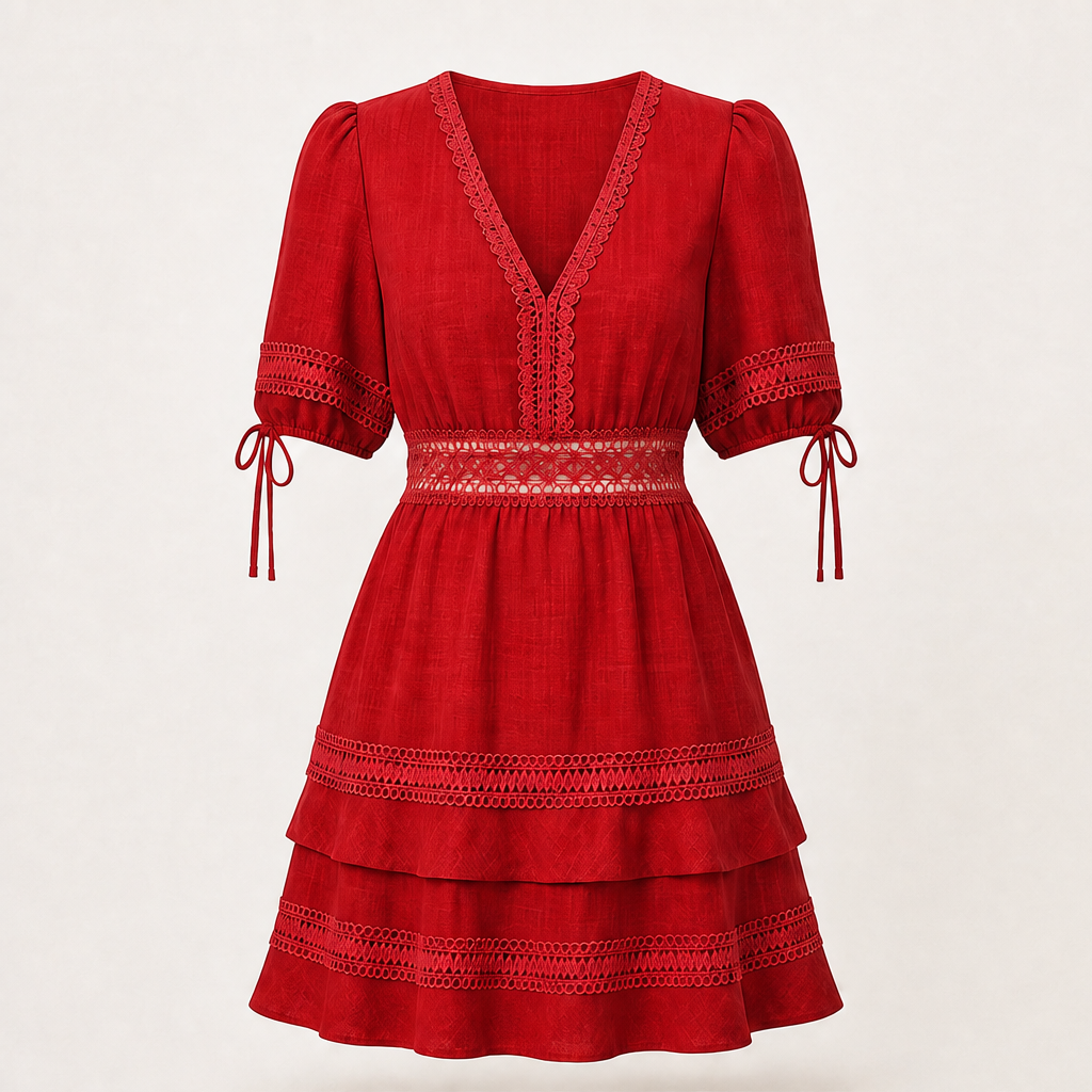 Marisol Women's V-Neck Lace Trim Puff Sleeve Tiered Ruffle Linen-Look Dress Red