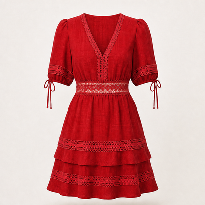 Marisol Women's V-Neck Lace Trim Puff Sleeve Tiered Ruffle Linen-Look Dress Red