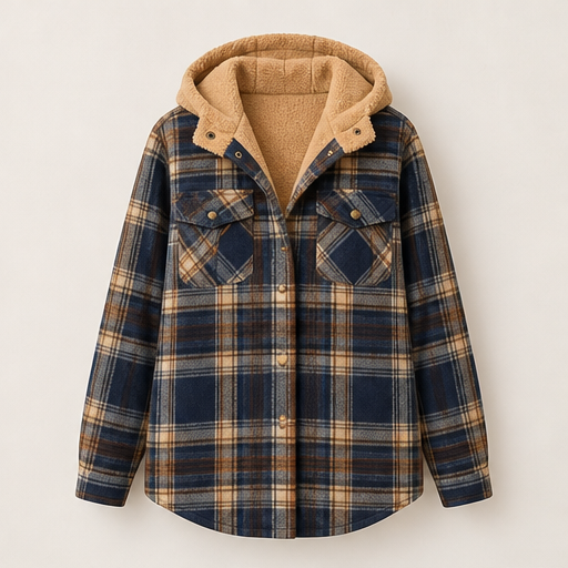 Rust Plaid Flannel Shacket | Hooded Sherpa-Lined Jacket for Women - Thick Checked Coat Navy Plaid