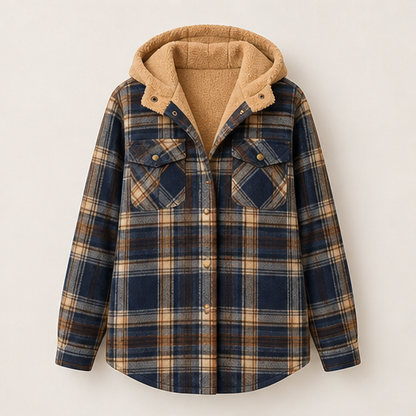 Rust Plaid Flannel Shacket | Hooded Sherpa-Lined Jacket for Women - Thick Checked Coat Navy Plaid