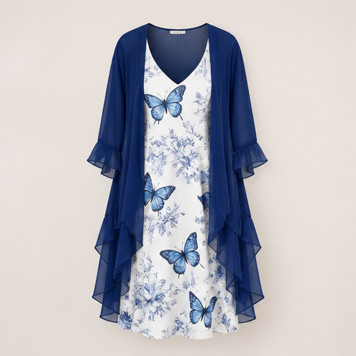 Coral Floral Swing Dress | Two-Piece Maxi Dress with Chiffon Cover-Up - Lace Detail Navy