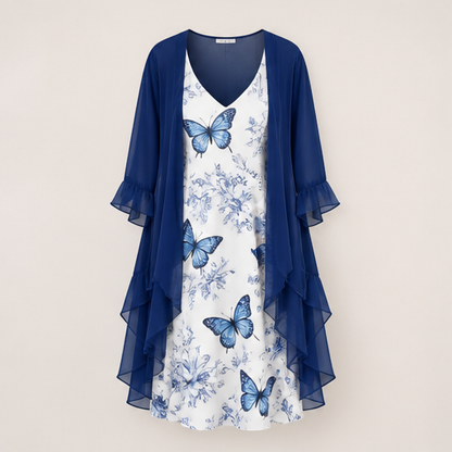 Coral Floral Swing Dress | Two-Piece Maxi Dress with Chiffon Cover-Up - Lace Detail Navy