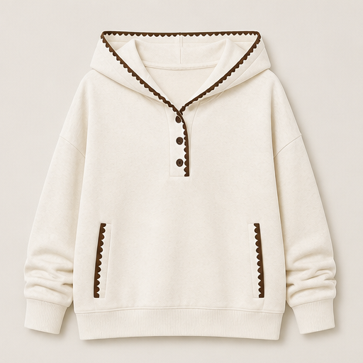 Cream Hooded Tunic Sweatshirt | Oversized Scalloped Trim Hoodie - Half-Button V-Neck with Side Pockets Cream