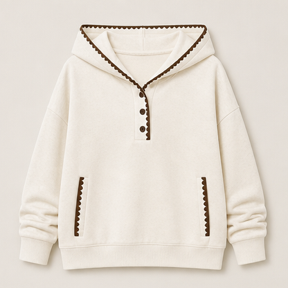 Cream Hooded Tunic Sweatshirt | Oversized Scalloped Trim Hoodie - Half-Button V-Neck with Side Pockets Cream