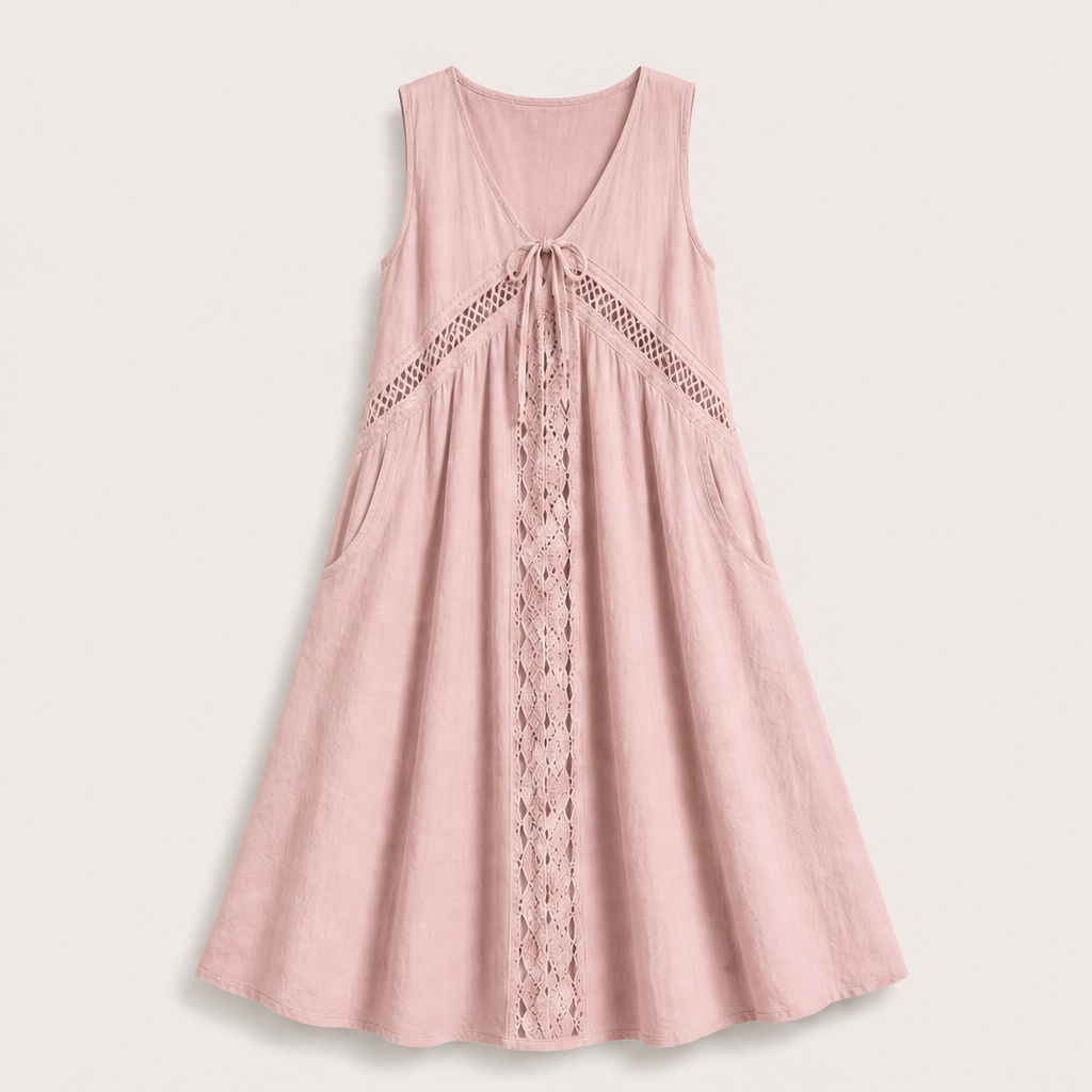Marisol Women's V-Neck Tie-Front Lace Trim Midi Dress with Hidden Side Pockets - Sleeveless A-Line Summer Dress Pink