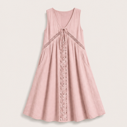 Marisol Women's V-Neck Tie-Front Lace Trim Midi Dress with Hidden Side Pockets - Sleeveless A-Line Summer Dress Pink